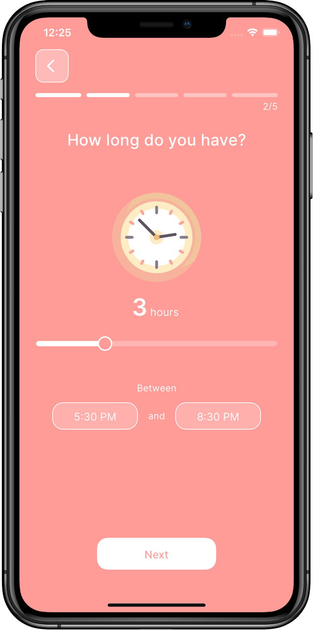 Screenshot showing date idea time selection screen